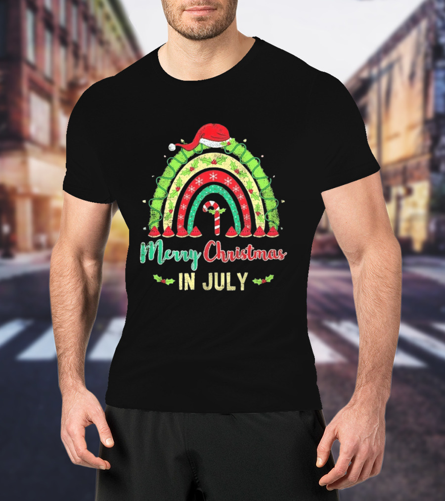 Merry Christmas In July Distressed Rainbow With Santa Hat And Candy Cane T-Shirt