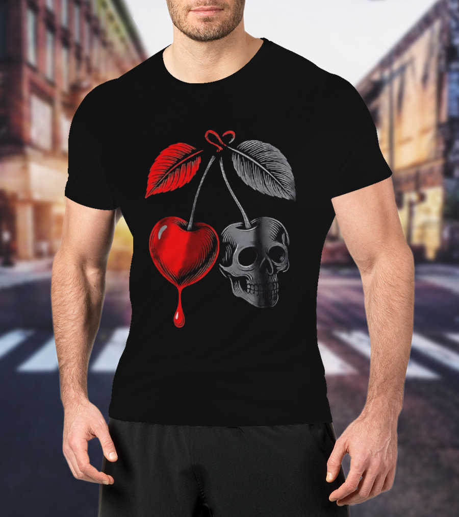Bleeding Cherry Skull Memento Mori Gothic Macabre Dark Fruit T-Shirt