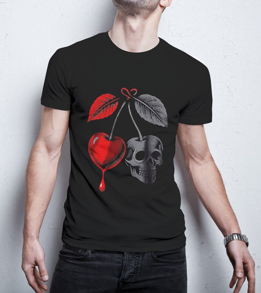 Bleeding Cherry Skull Memento Mori Gothic Macabre Dark Fruit T-Shirt