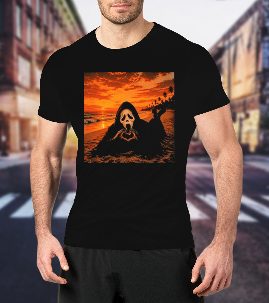 Ghostface Heart Hands Beach Sunset Halloween 2026 T-Shirt
