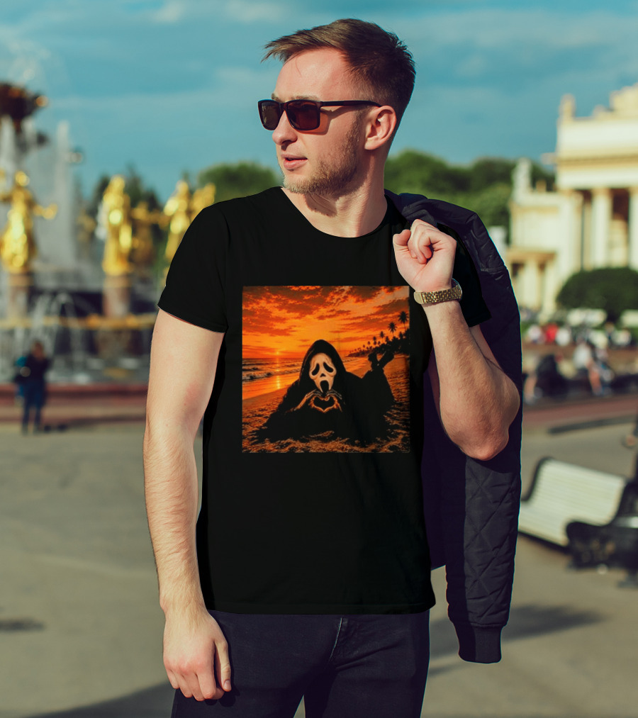 Ghostface Heart Hands Beach Sunset Halloween 2026 T-Shirt
