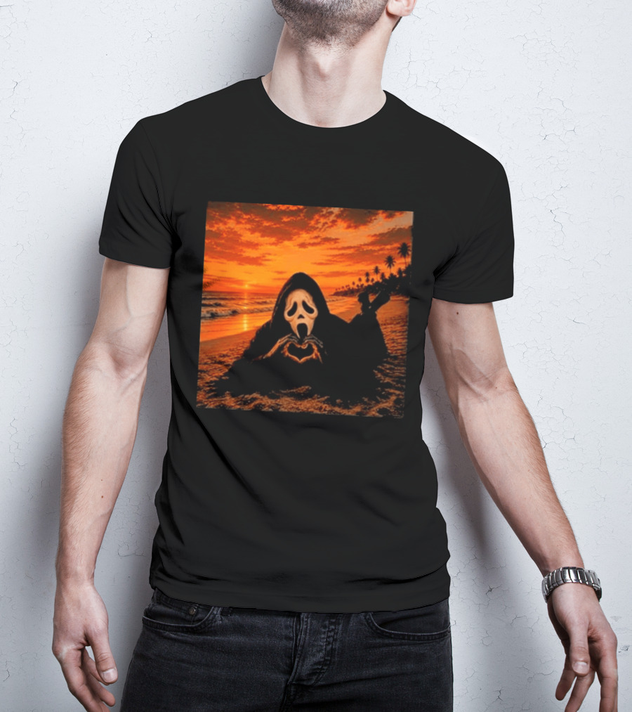 Ghostface Heart Hands Beach Sunset Halloween 2026 T-Shirt