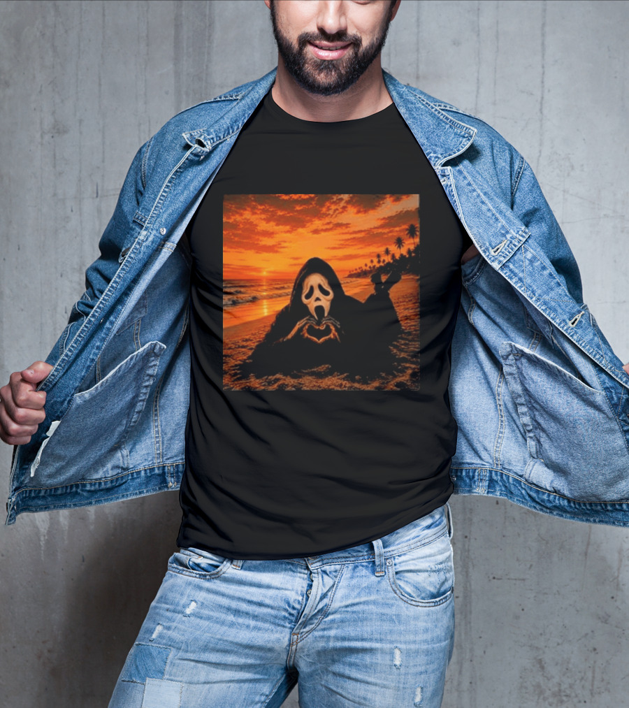 Ghostface Heart Hands Beach Sunset Halloween 2026 T-Shirt