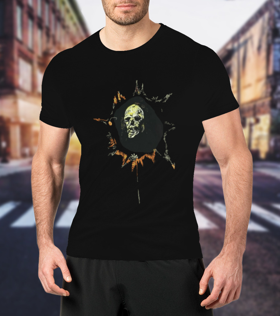 Yellow Spiky Sunburst Frame Hooded Skull Face Distressed Sketch T-Shirt