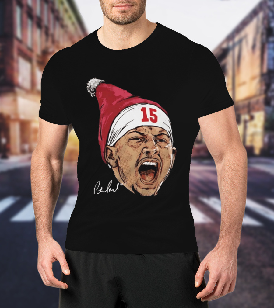 Pat Mahomes Screaming Face Red Santa Hat Number 15 Halftone Caricature T-Shirt