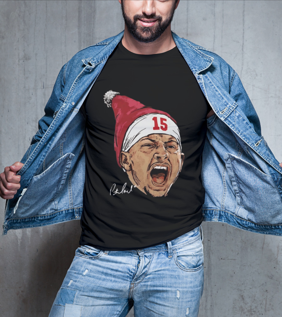 Pat Mahomes Screaming Face Red Santa Hat Number 15 Halftone Caricature T-Shirt