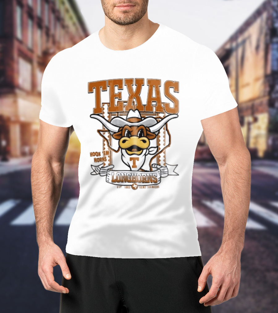Texas Longhorns Hook Em Horns Game Changers Est 1883 State Map Cartoon T-Shirt
