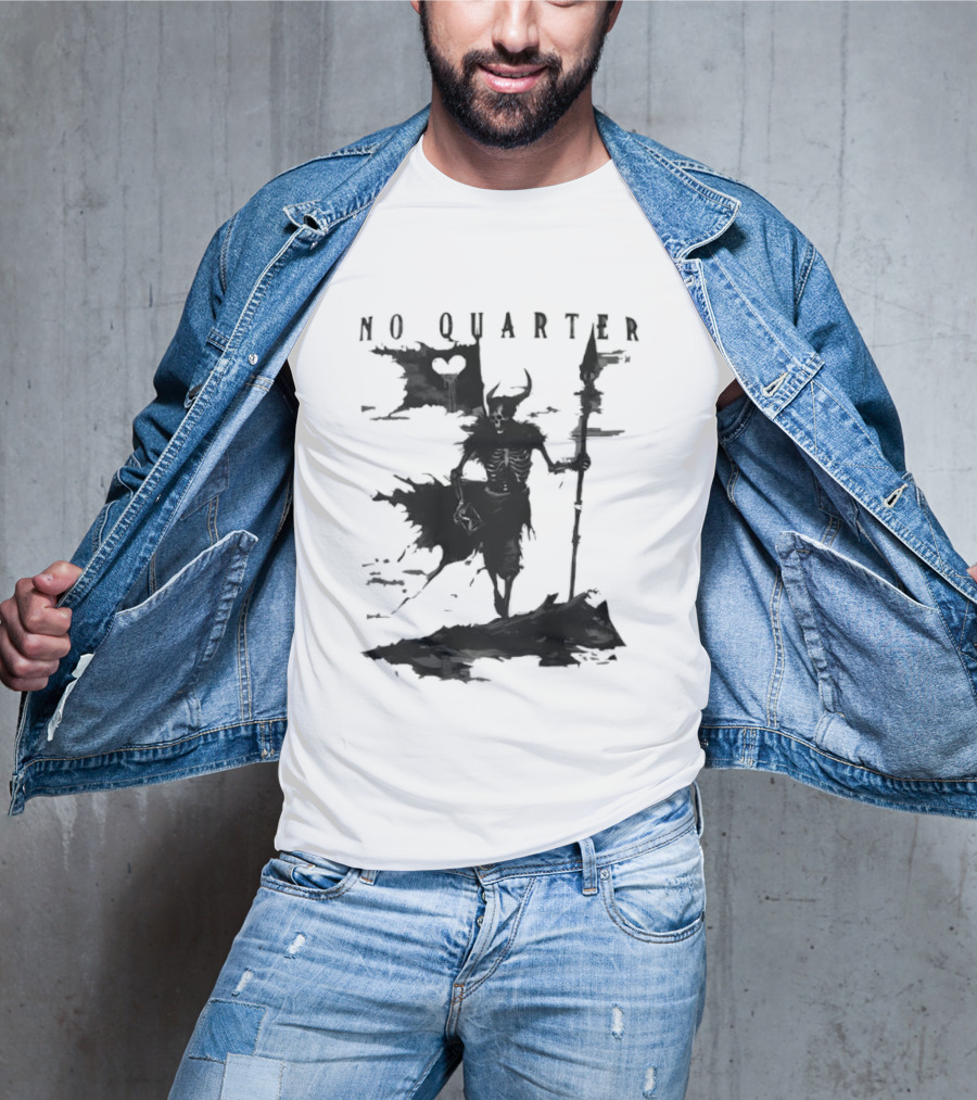 No Quarter Distressed Skeleton Warrior Dark Fantasy T-Shirt