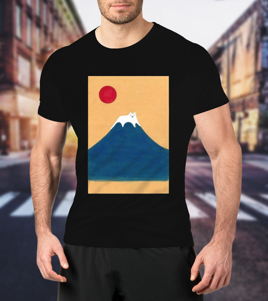 Meow Fuji Cat With Red Sun Illustration Japan T-Shirt