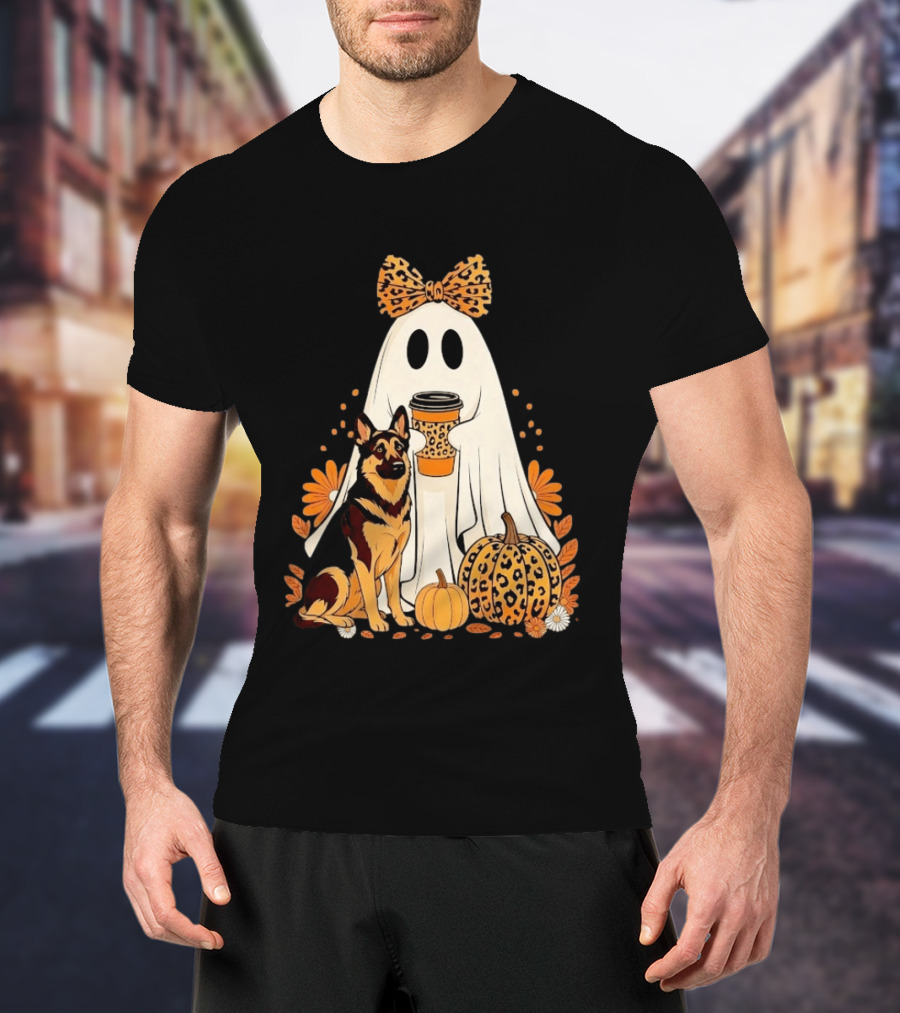 German Shepherd Ghost Leopard Pumpkin Coffee Halloween Bow T-Shirt