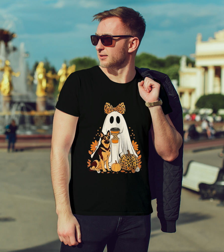German Shepherd Ghost Leopard Pumpkin Coffee Halloween Bow T-Shirt