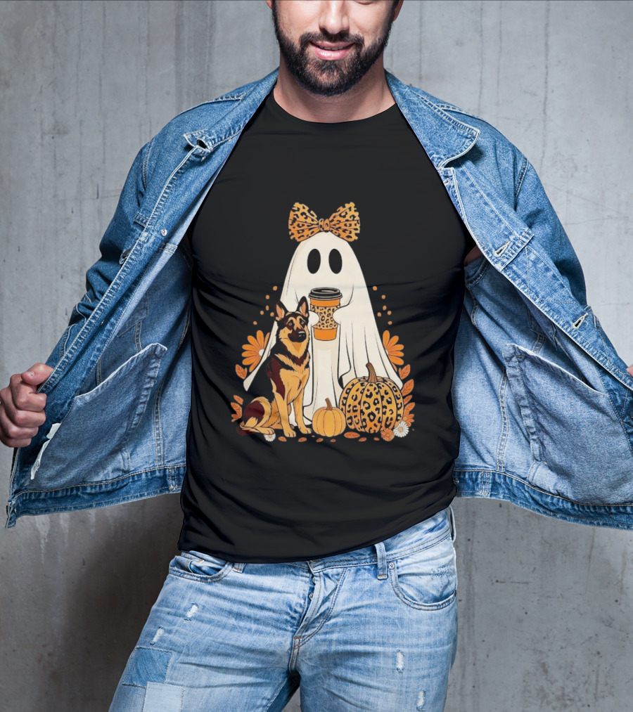 German Shepherd Ghost Leopard Pumpkin Coffee Halloween Bow T-Shirt