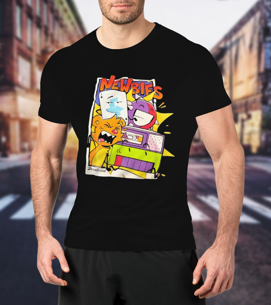 Newbies RaidingSalmon Cartoon Boombox And Cards Explosion T-Shirt