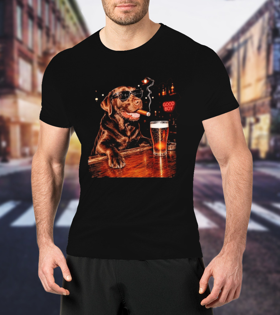 Silly Chocolate Labrador Retriever Drinking Beer Cigar Dog Good Boy Bar Night T-Shirt
