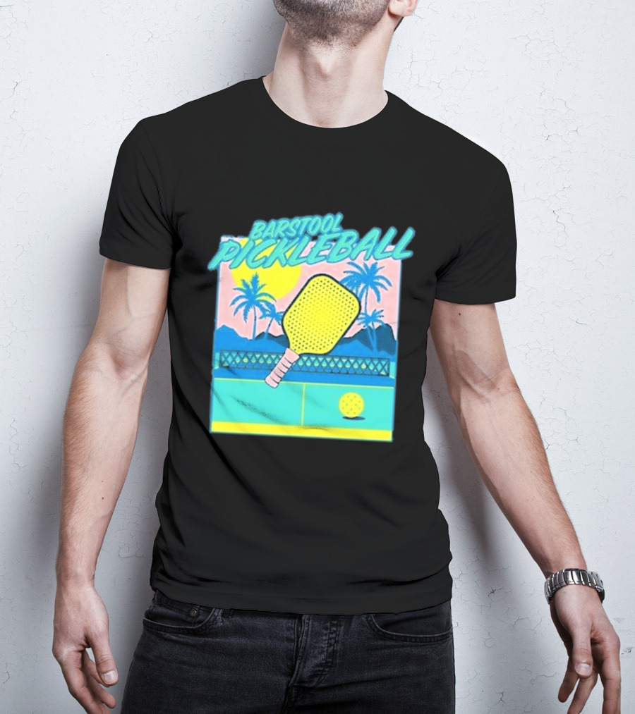 Barstool Pickleball Tropical Retro Paddle And Palm Trees T-Shirt