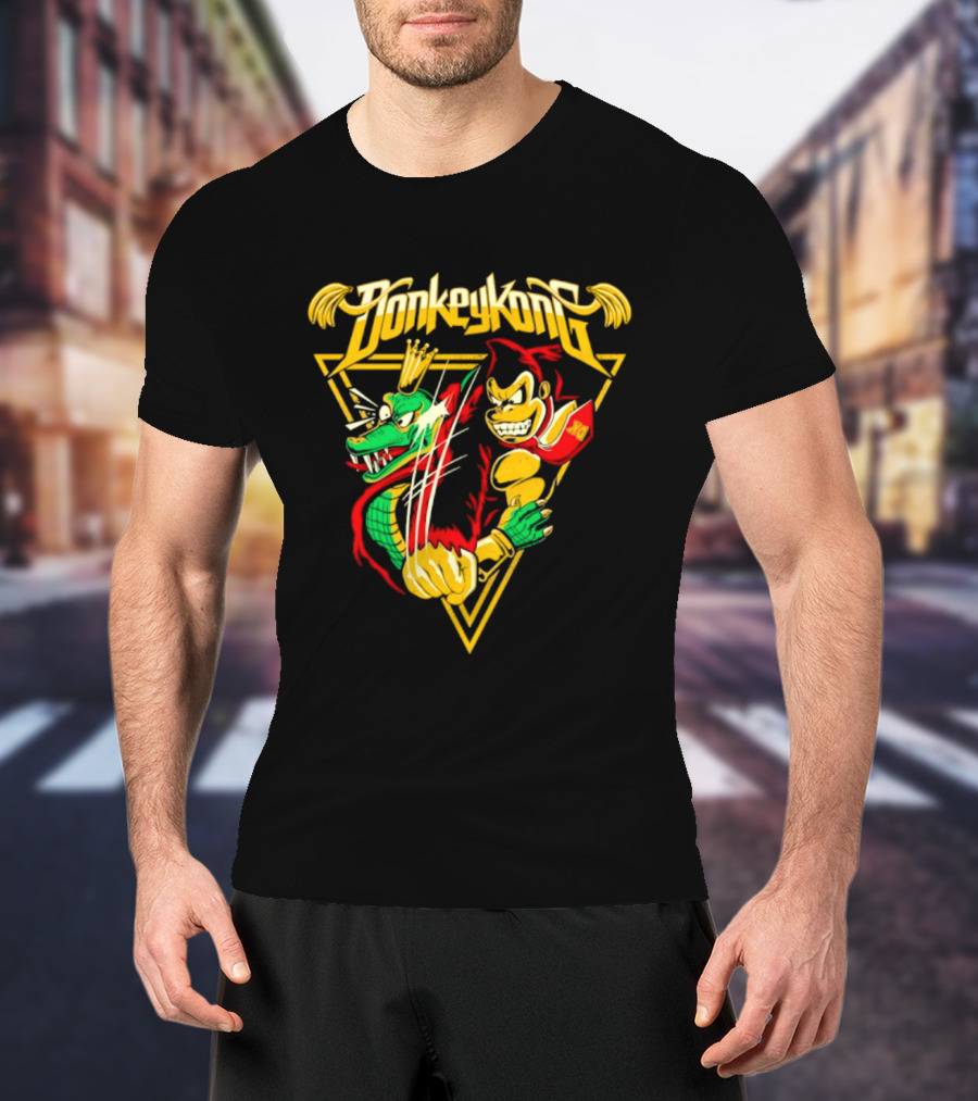 Donkey Kong Cartoon Retro Style Triangular Battle Scene T-Shirt