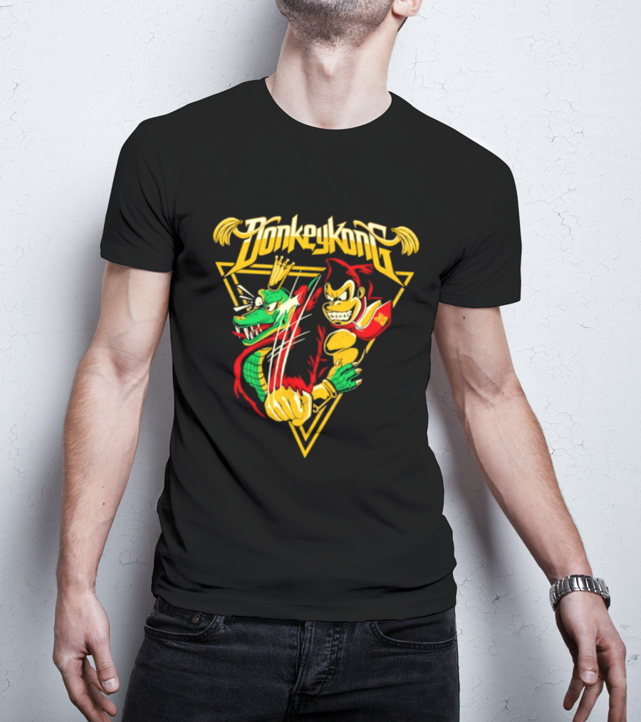 Donkey Kong Cartoon Retro Style Triangular Battle Scene T-Shirt