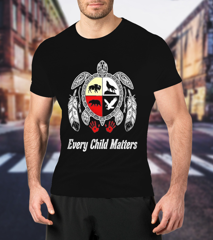 Every Child Matters Native American Turtle Medicine Wheel Feathers And Red Handprints T-Shirt