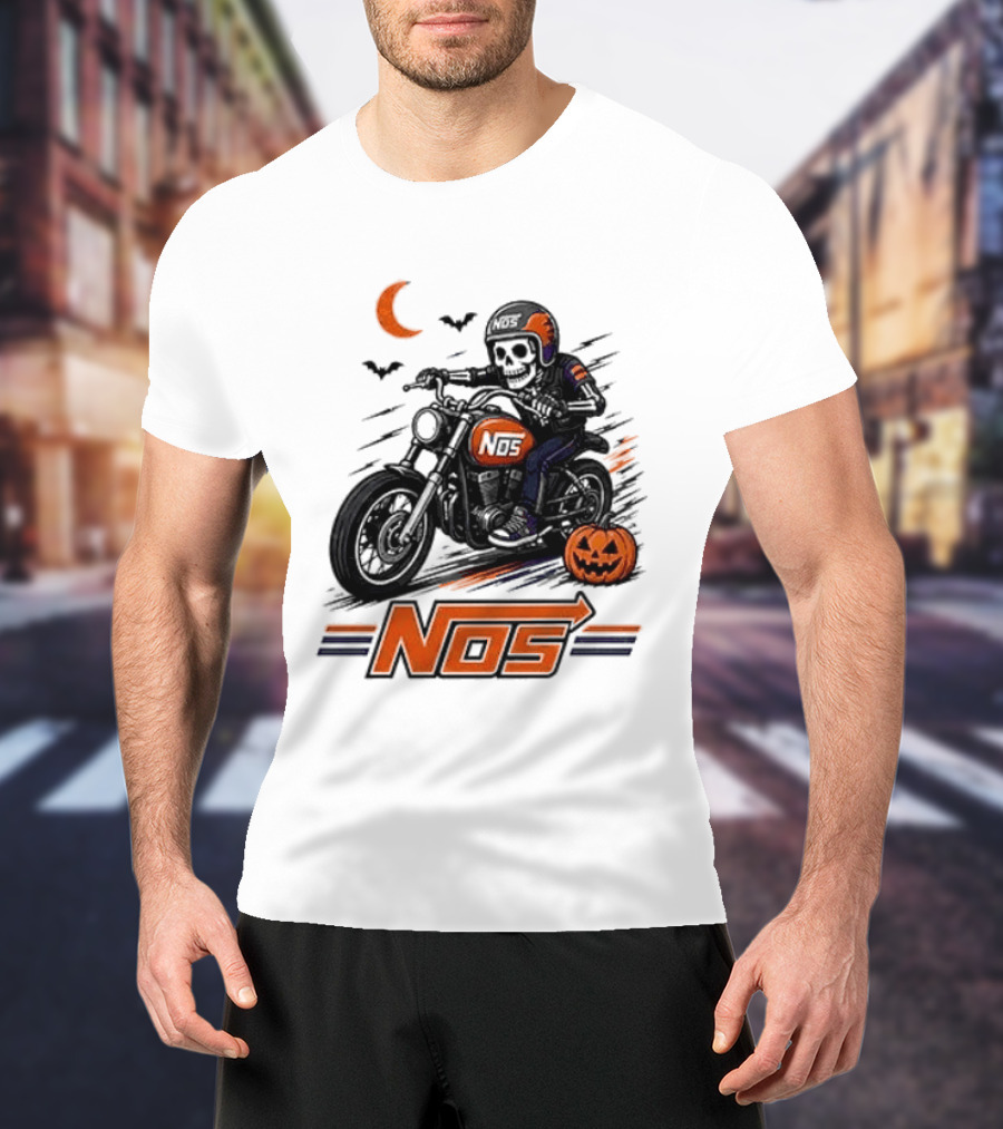 NOS Skeleton Biker Halloween Pumpkin Moon Bats T-Shirt