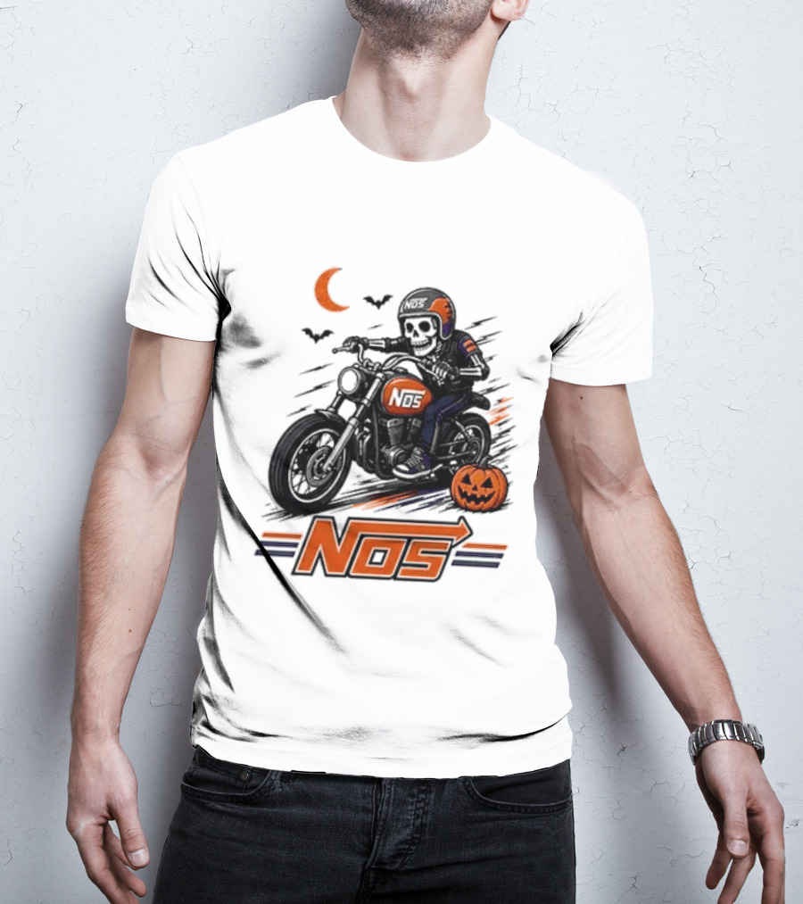 NOS Skeleton Biker Halloween Pumpkin Moon Bats T-Shirt