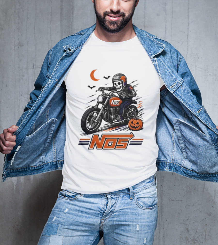 NOS Skeleton Biker Halloween Pumpkin Moon Bats T-Shirt