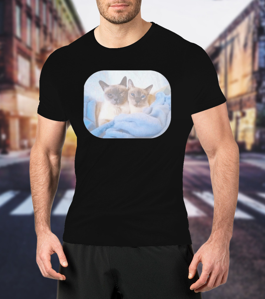 Siamese Cats Snuggling In Blue Blanket T-Shirt