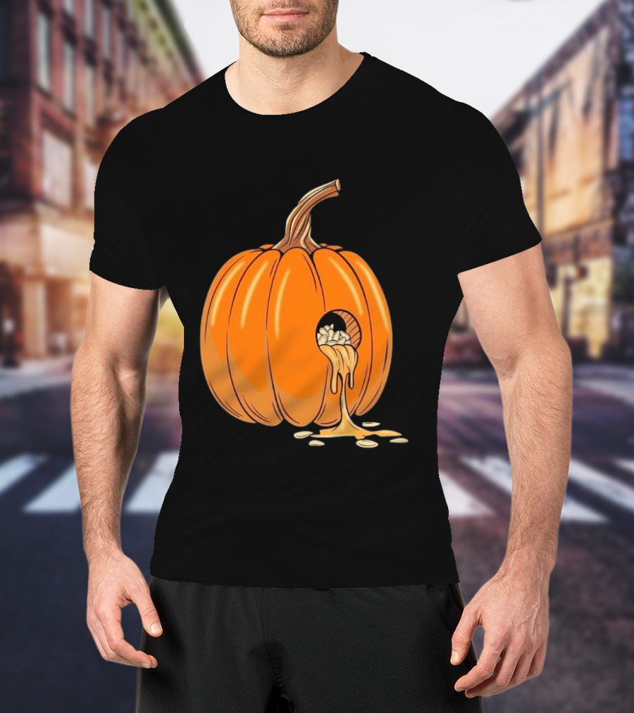 Gourdy Hole Halloween Pumpkin With Seeds Streaming Out T-Shirt
