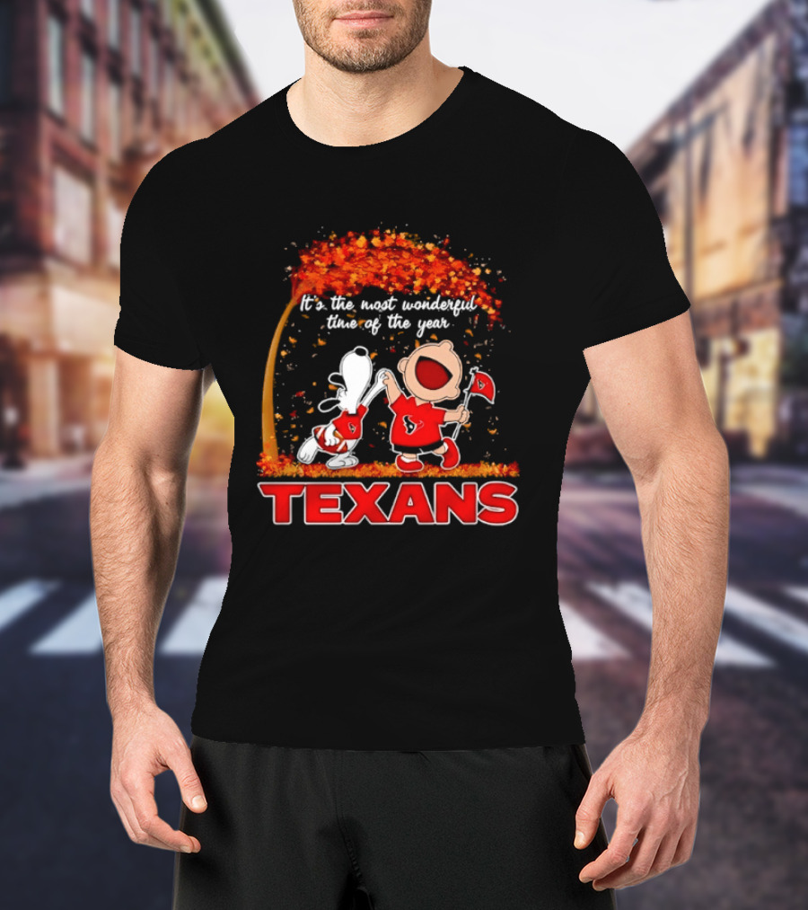 Snoopy And Charlie Brown It's The Most Wonderful Time Of The Year Texans Football Fan Celebration T-Shirt