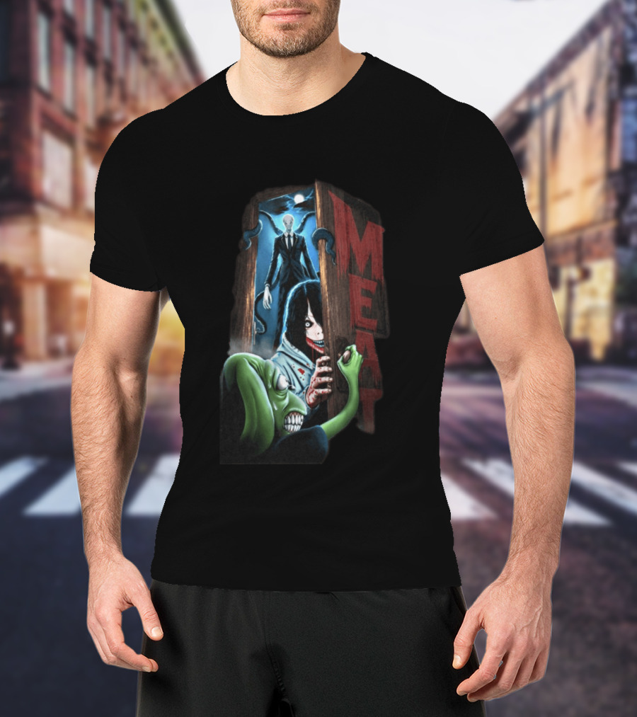Meatcanyon Store Knock Knock Creepy Distressed Characters Horror Scene T-Shirt
