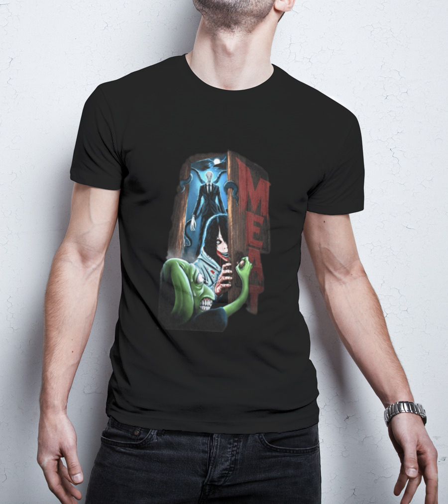 Meatcanyon Store Knock Knock Creepy Distressed Characters Horror Scene T-Shirt