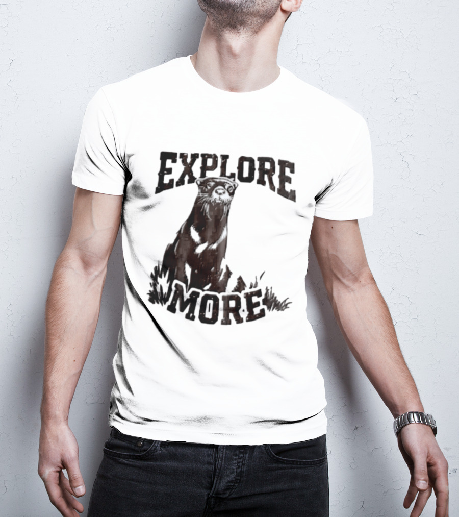 Explore More River Otter Tall Grass Distressed Woodcut Black White T-Shirt