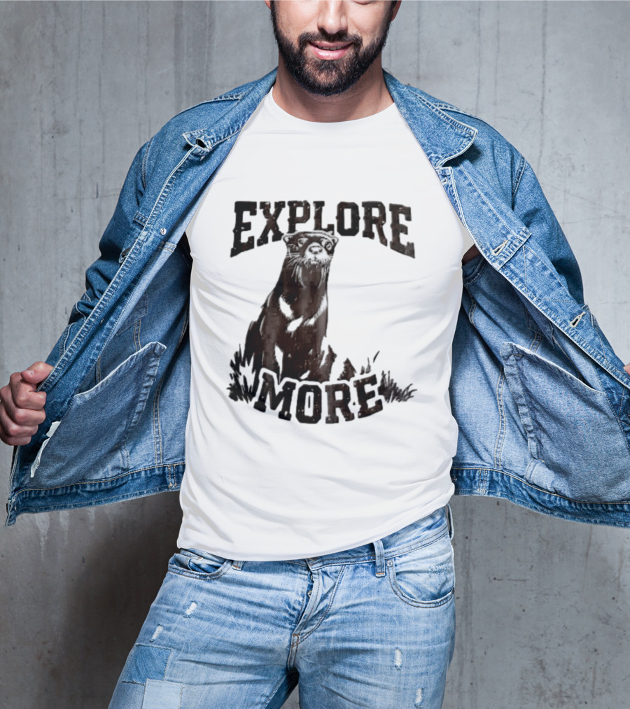 Explore More River Otter Tall Grass Distressed Woodcut Black White T-Shirt