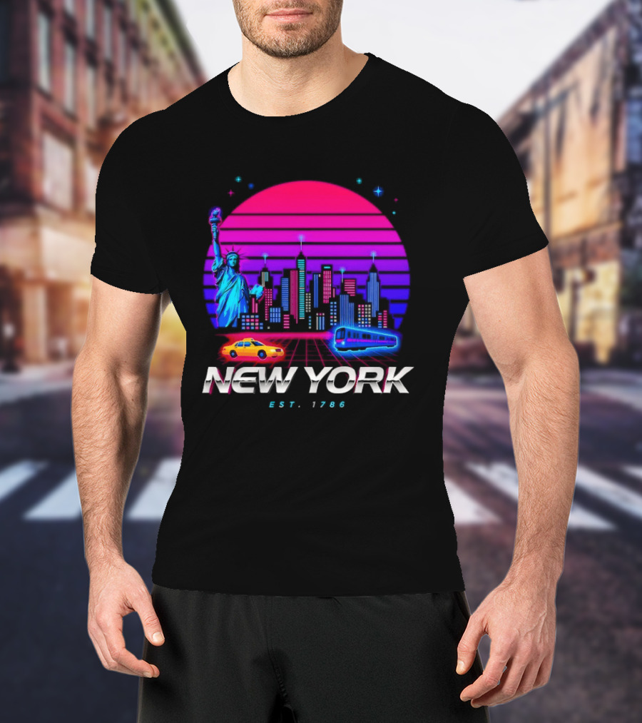 New York Est 1786 Cityscape Synthwave Statue Of Liberty Neon Skyline Retro Car T-Shirt