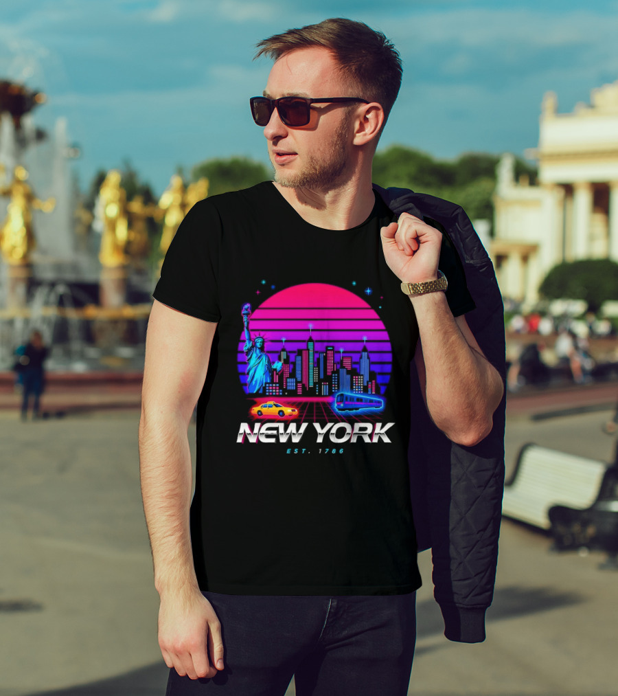 New York Est 1786 Cityscape Synthwave Statue Of Liberty Neon Skyline Retro Car T-Shirt