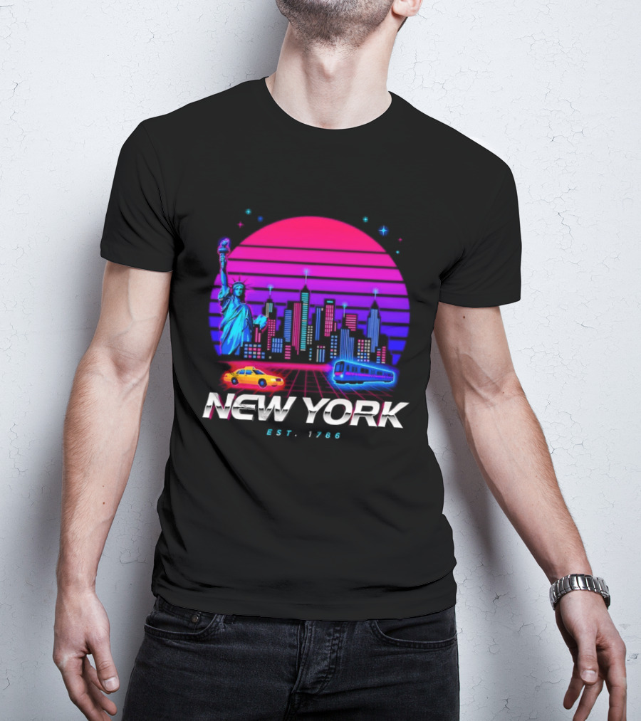 New York Est 1786 Cityscape Synthwave Statue Of Liberty Neon Skyline Retro Car T-Shirt