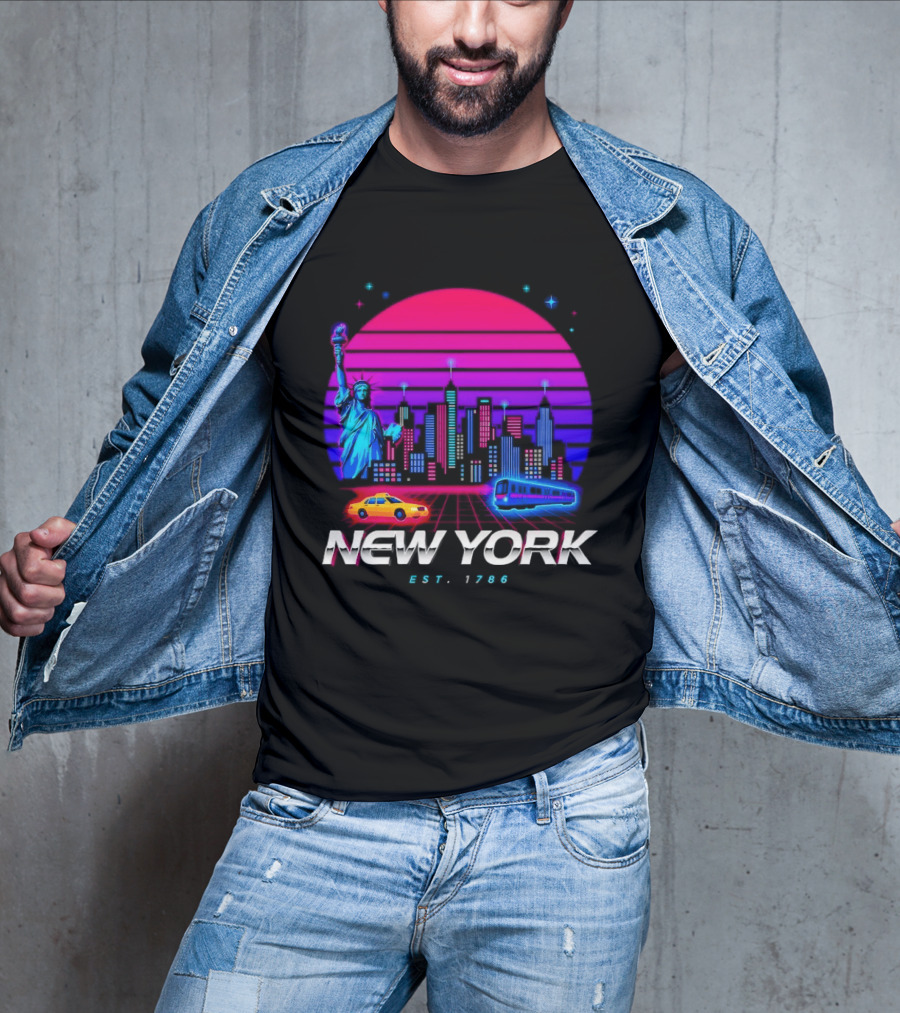 New York Est 1786 Cityscape Synthwave Statue Of Liberty Neon Skyline Retro Car T-Shirt