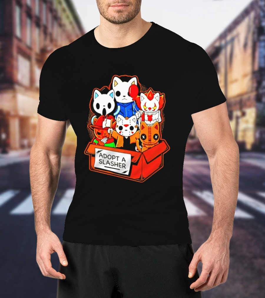 Adopt A Slasher Horror Movie Cat Characters Box Featuring Iconic Halloween Villains T-Shirt