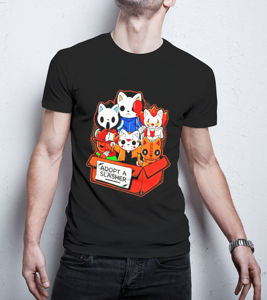 Adopt A Slasher Horror Movie Cat Characters Box Featuring Iconic Halloween Villains T-Shirt