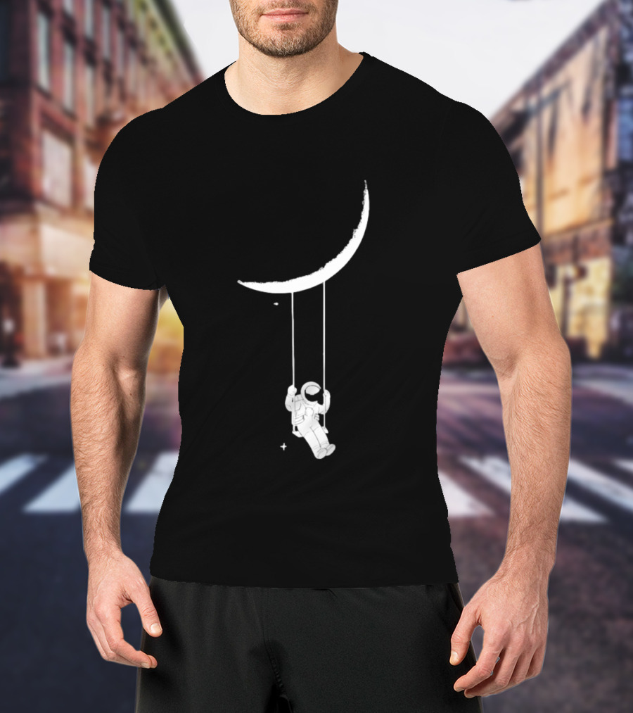 Astronaut Swinging On Crescent Moon Space Scene T-Shirt
