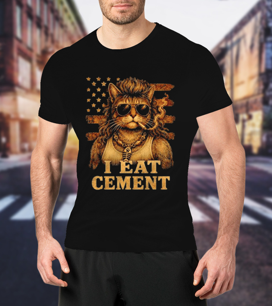 I Eat Cement Mullet Cat With Sunglasses And American Flag T-Shirt
