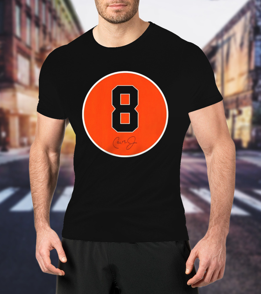 Cal Ripken Jr Number 8 Baltimore Orioles Team Circle Orange T-Shirt