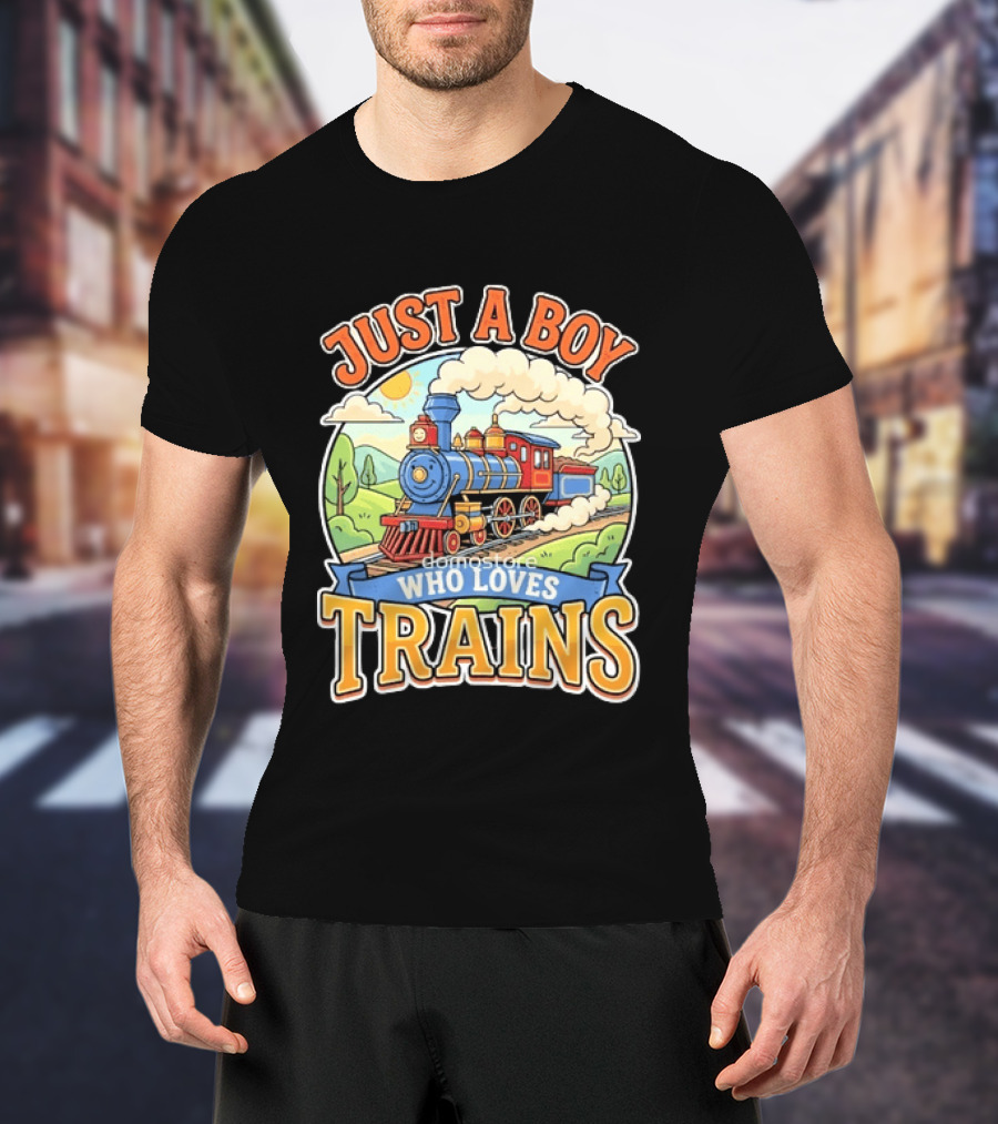 Just A Boy Who Loves Trains Colorful Locomotive Adventure T-Shirt