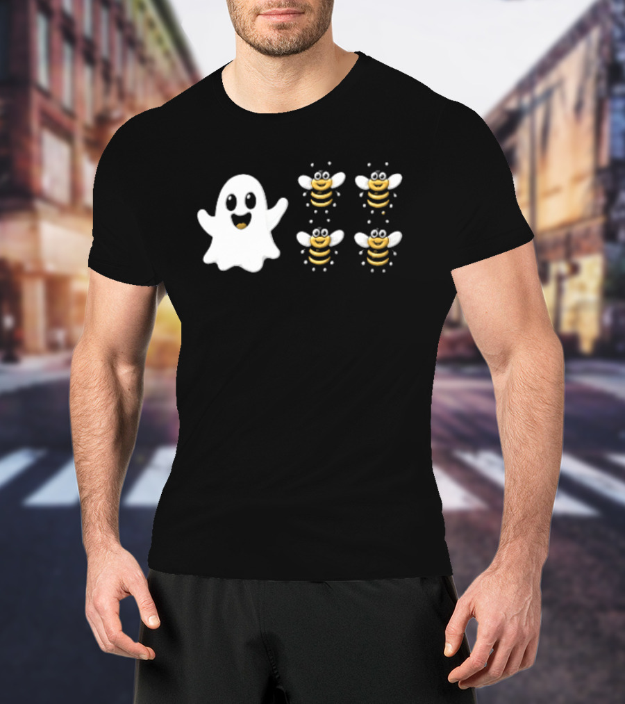 Cartoon White Ghost And Waving Four Bumblebees Cute T-Shirt