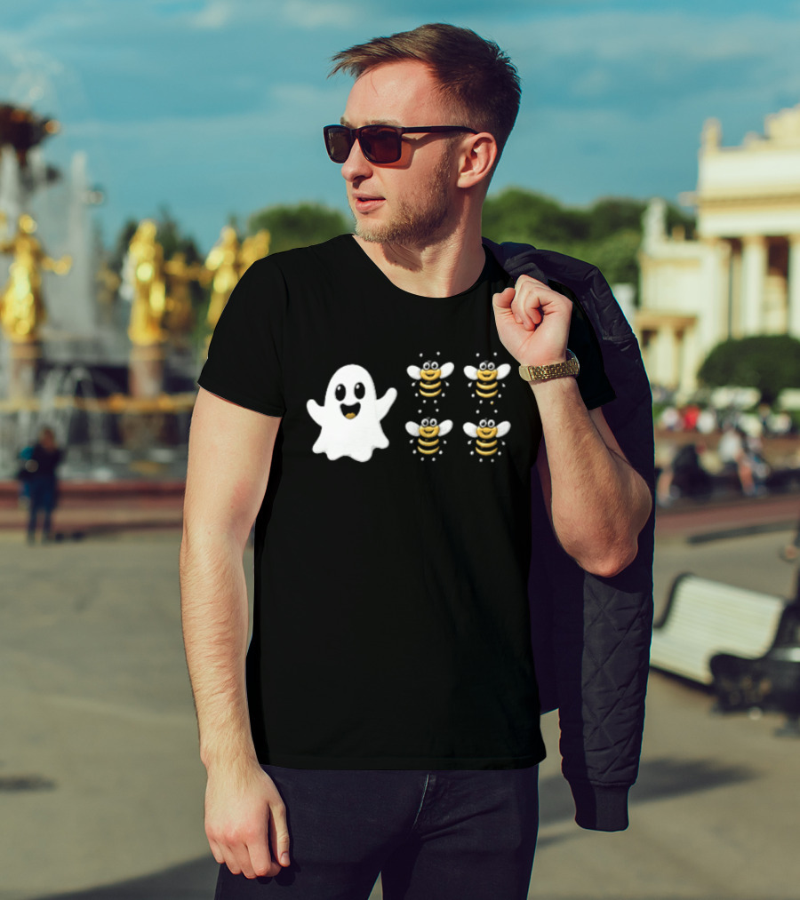 Cartoon White Ghost And Waving Four Bumblebees Cute T-Shirt