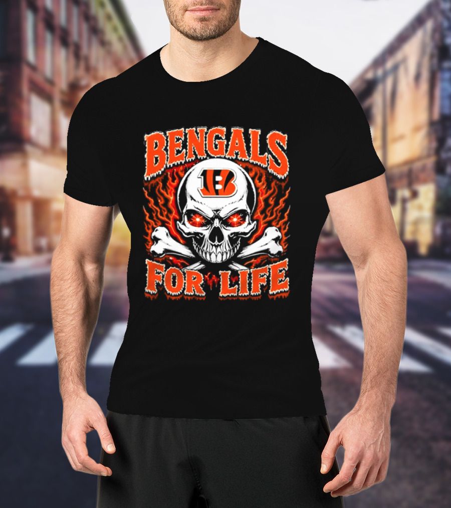 Bengals For Life Skull And Crossbones Fiery T-Shirt