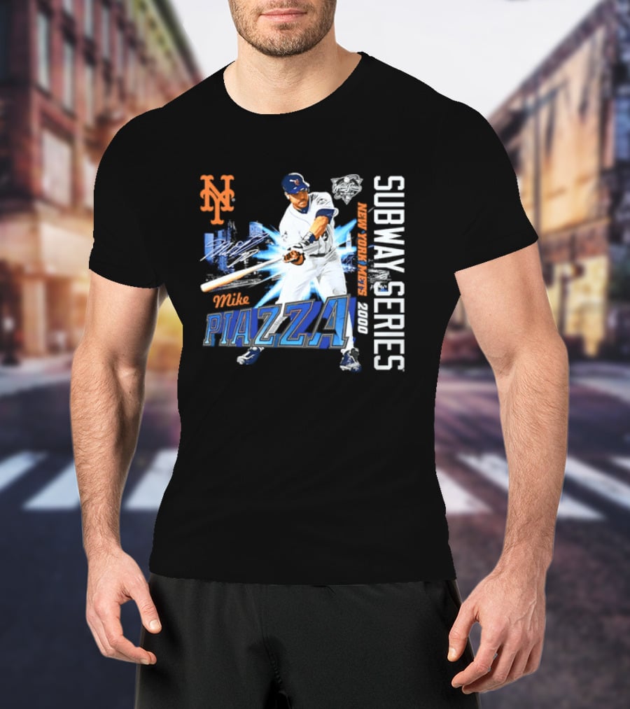 New York Mets Mike Piazza 2000 Subway Series Urban Baseball Action T-Shirt