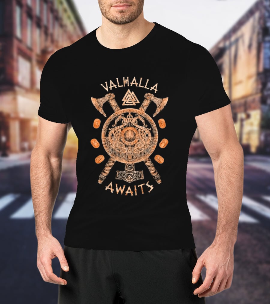 Valhalla Awaits Distressed Viking Shield Axes Norse Symbolism T-Shirt