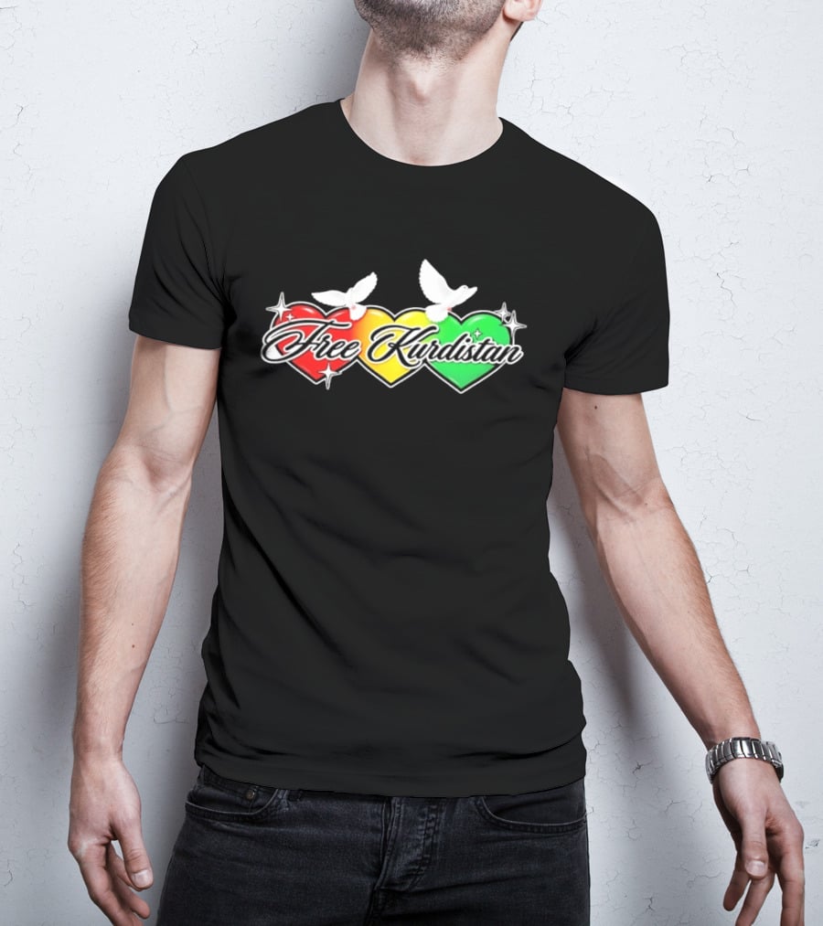Free Kurdistan Red Yellow Green Hearts Doves T-Shirt