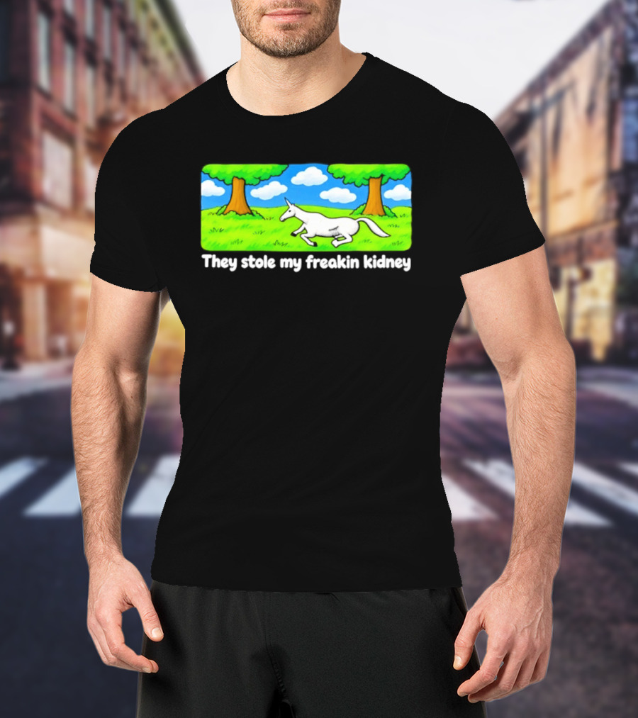 They Stole My Freakin Kidney Unicorn Cartoon Scene T-Shirt