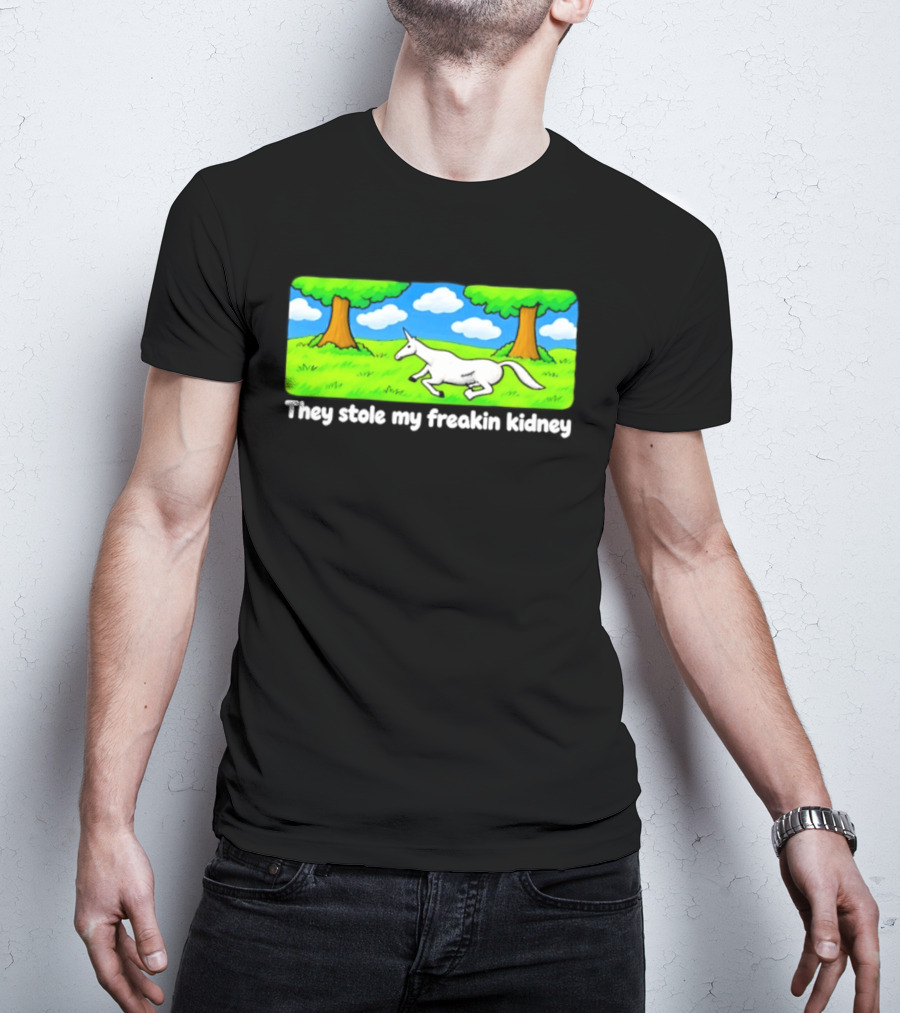 They Stole My Freakin Kidney Unicorn Cartoon Scene T-Shirt